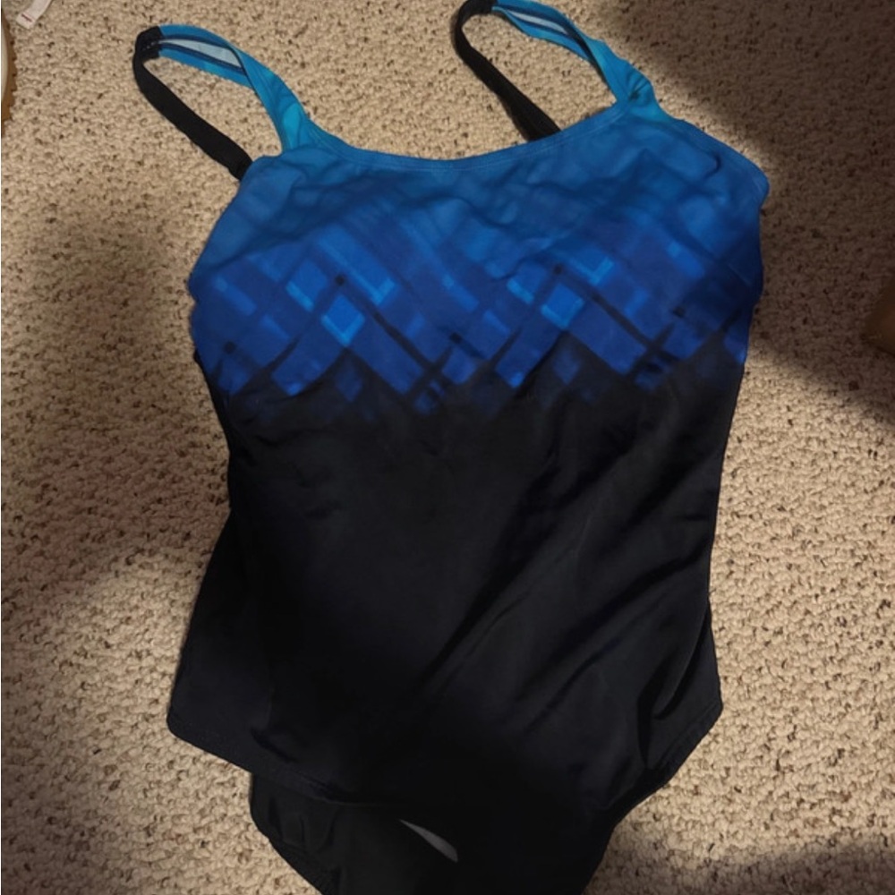 Blue and Black Women's One Piece Swimsuit